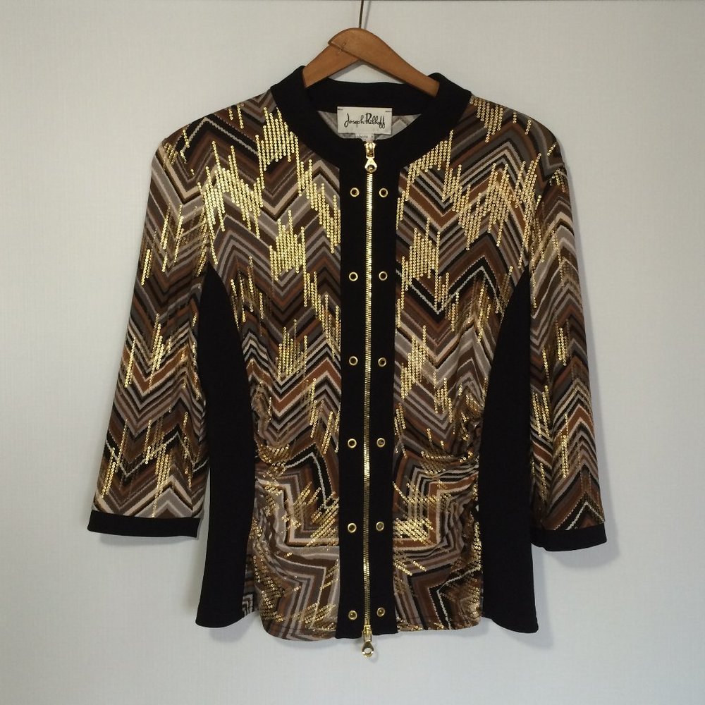 Joseph Ribkoff Womens Gold Sequin Print Top Sz 8 Zig Zag Pattern 3\4 Sleeve Zip